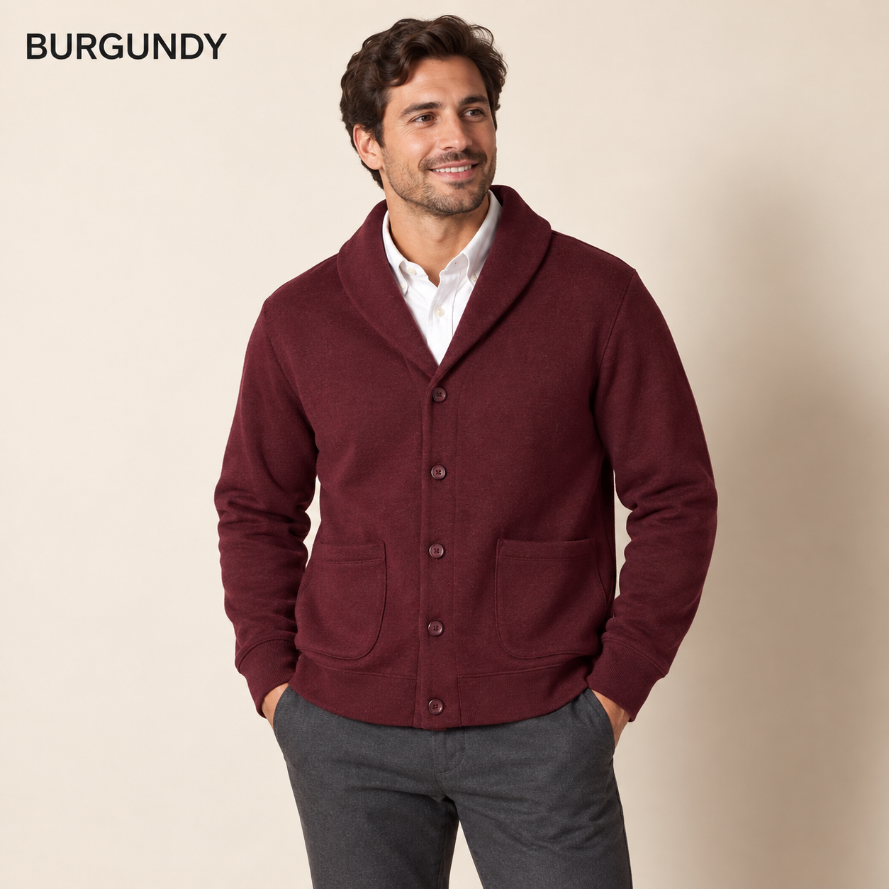 Men's Burgundy shawl-collar cardigan worn by an adult model