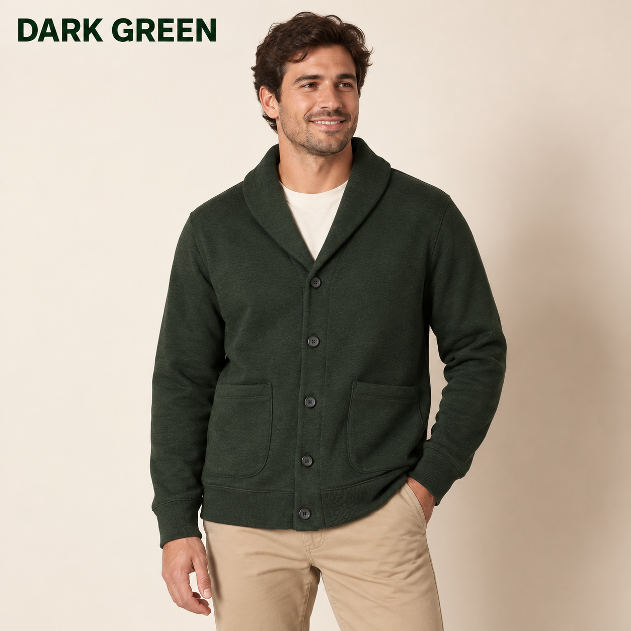Men's Dark Green shawl-collar cardigan worn by an adult model