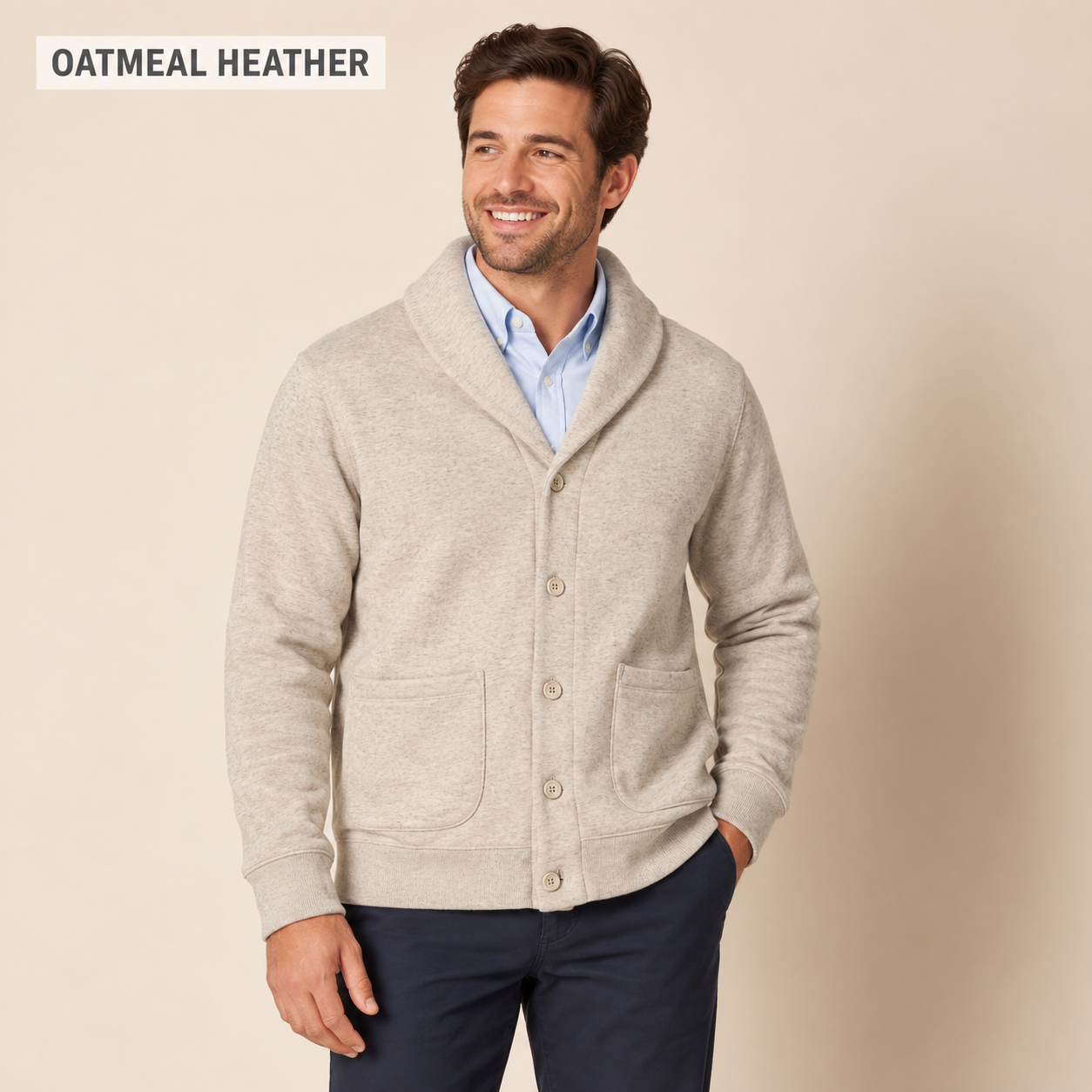Men's Oatmeal Heather shawl-collar cardigan worn by an adult model