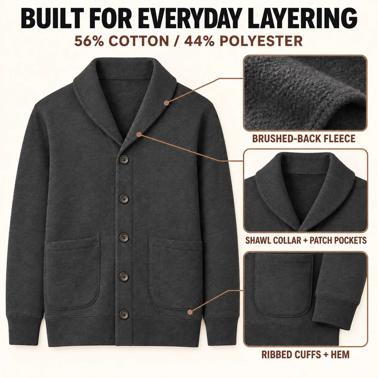 Verified 56% cotton and 44% polyester brushed-fleece construction details