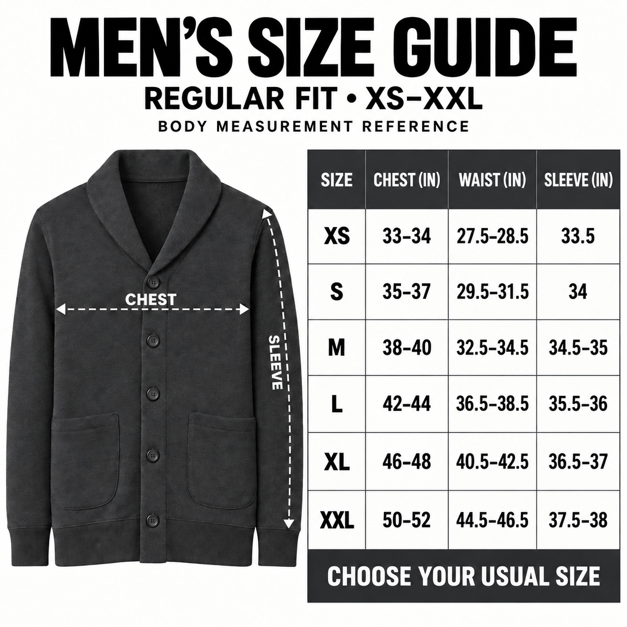 Men's regular-fit cardigan size guide in sizes XS through XXL