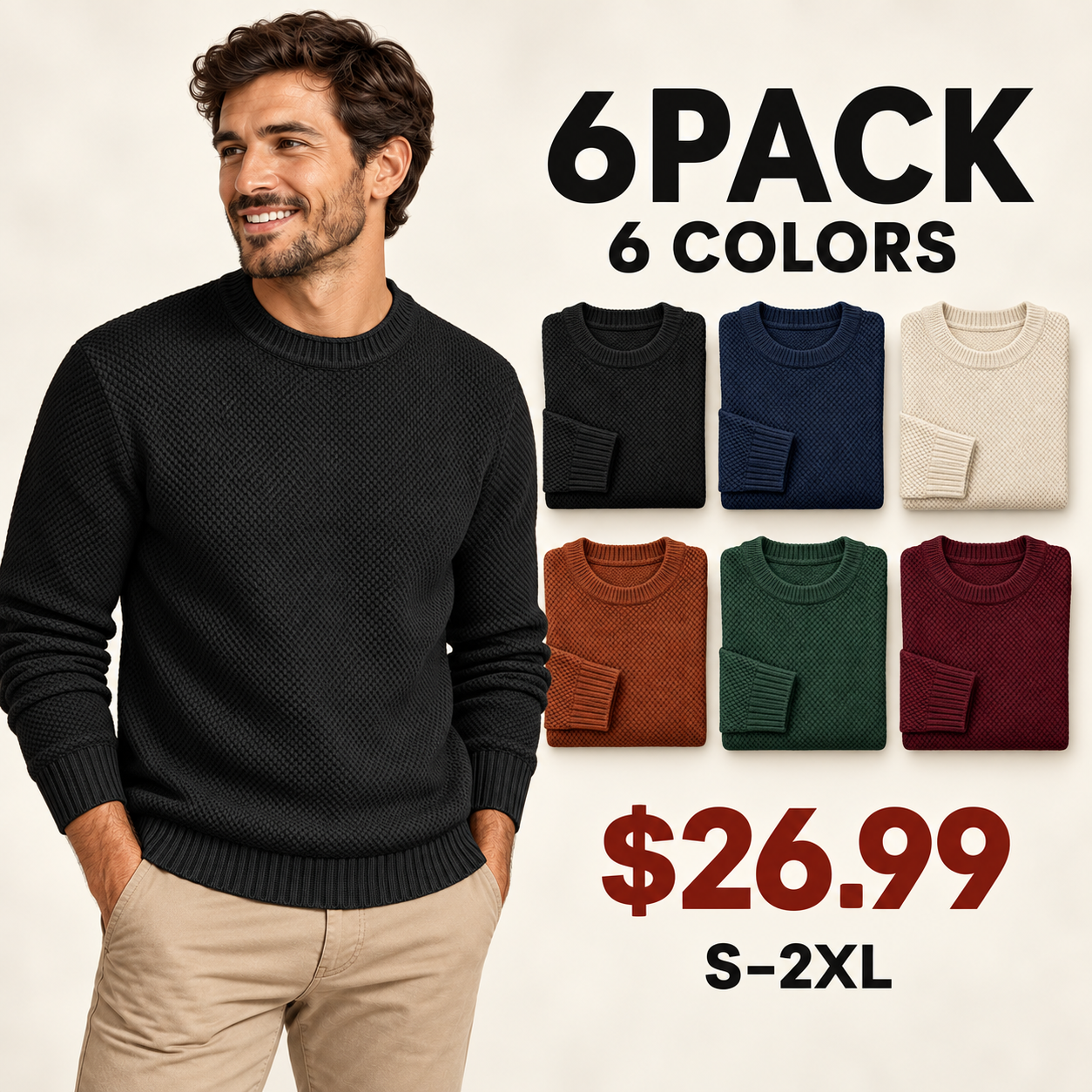 Adult male wearing a black waffle-knit crewneck sweater beside a six-color 6PACK assortment