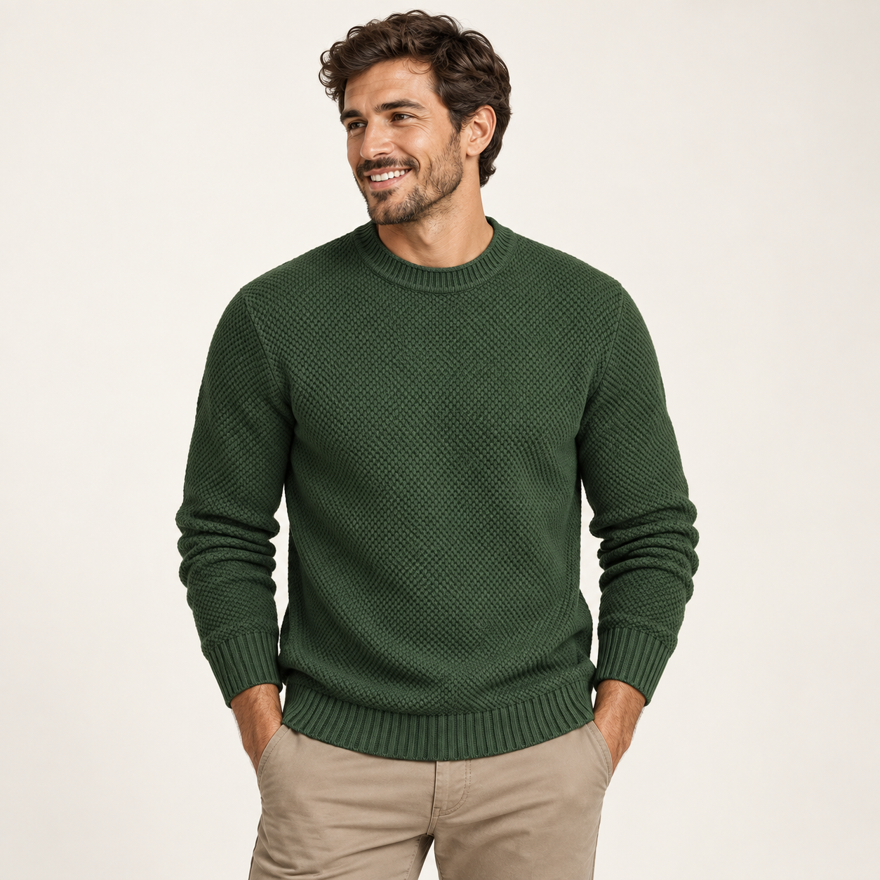 Front fit view of a men's Dark Green waffle-knit crewneck sweater