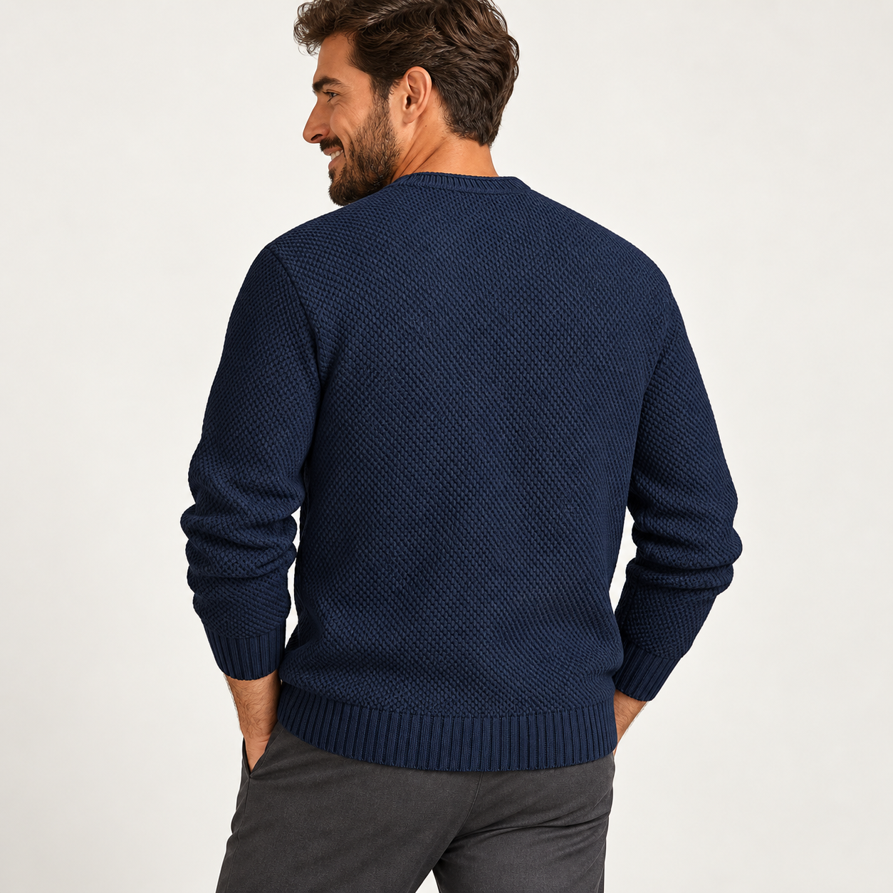 Side and back fit view of a men's Navy Blue waffle-knit crewneck sweater