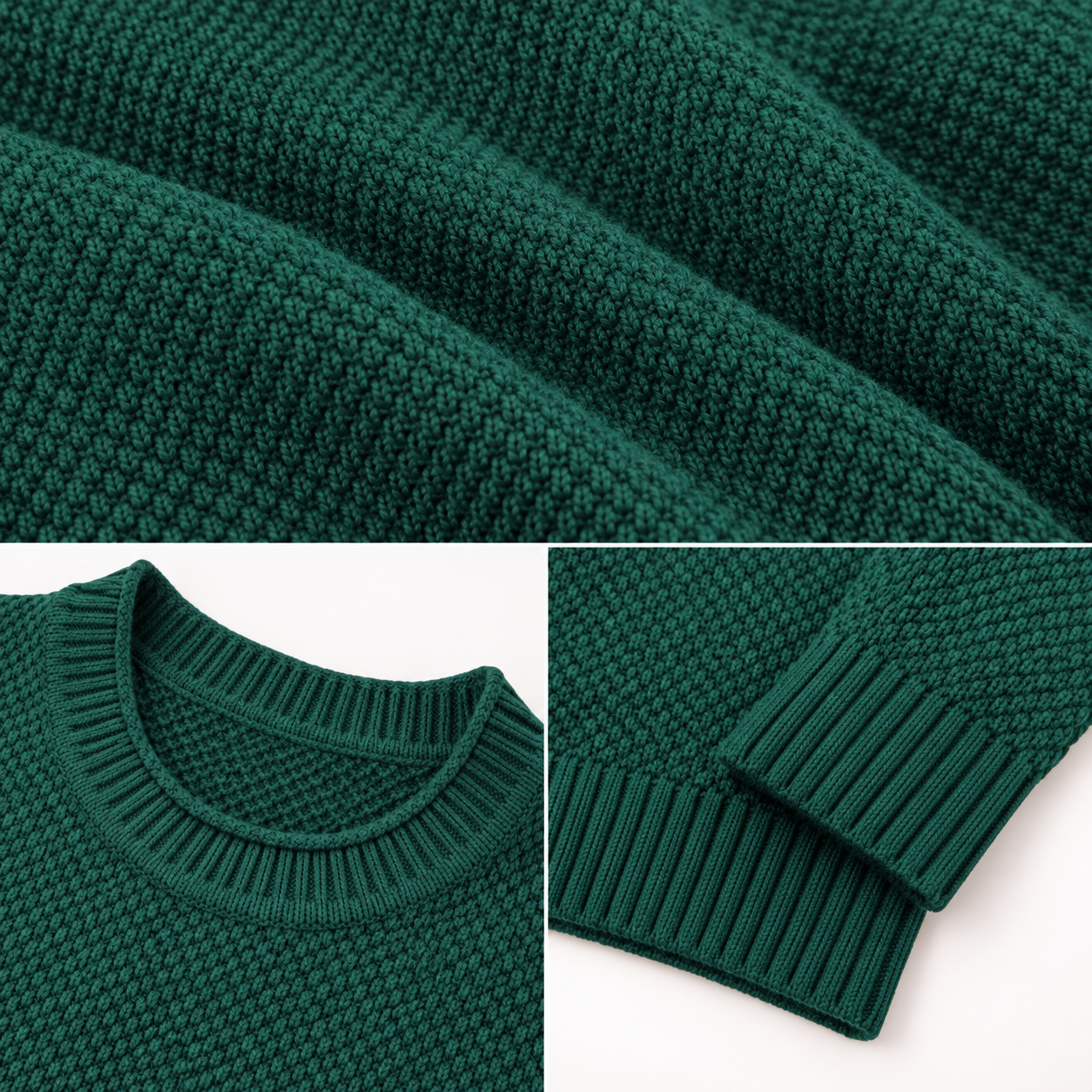 Close-up of waffle-knit texture, ribbed crew neck, cuff, and hem