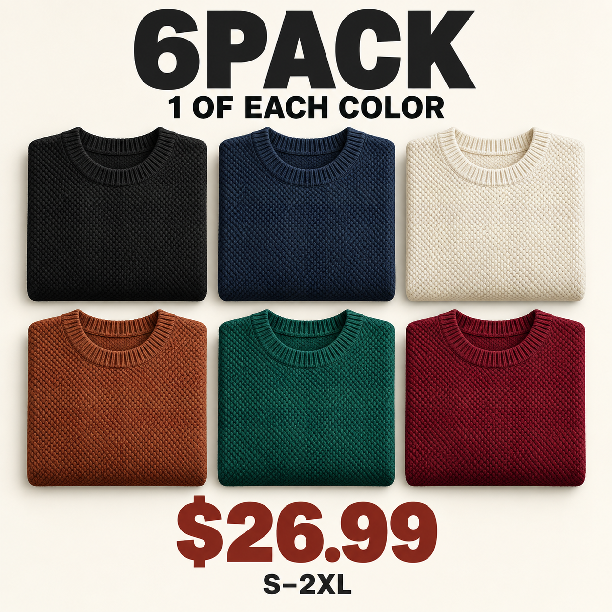 6PACK of waffle-knit crewneck sweaters with one of each selected color for $26.99