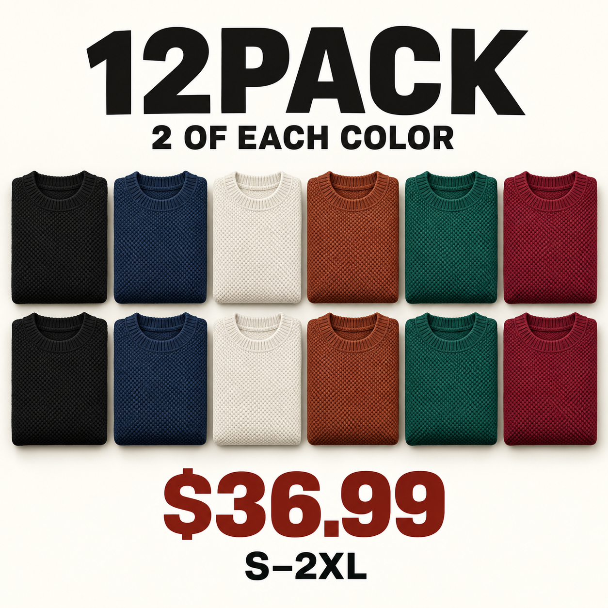 12PACK of waffle-knit crewneck sweaters with two of each selected color for $36.99