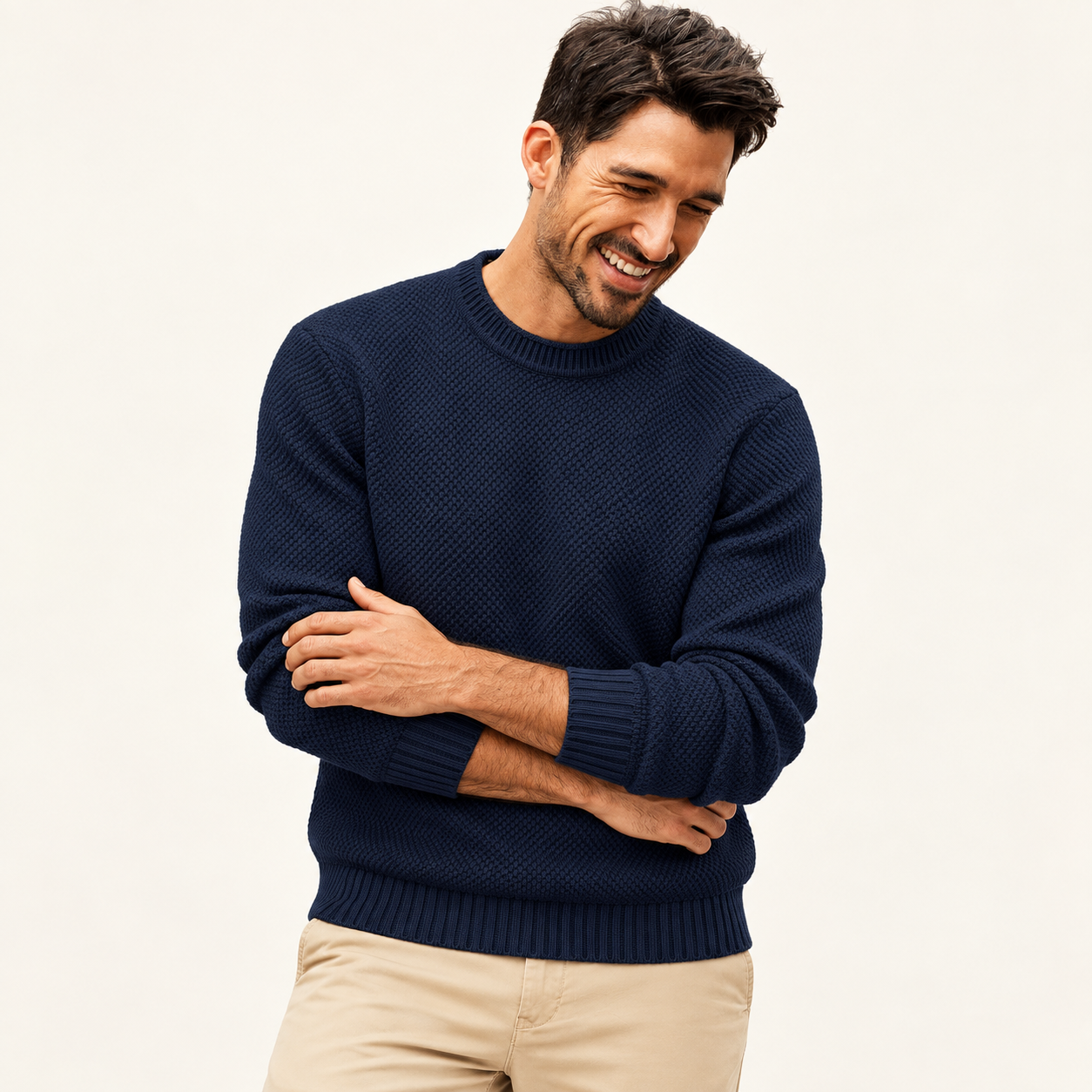 Adult male wearing the Navy Blue waffle-knit crewneck sweater