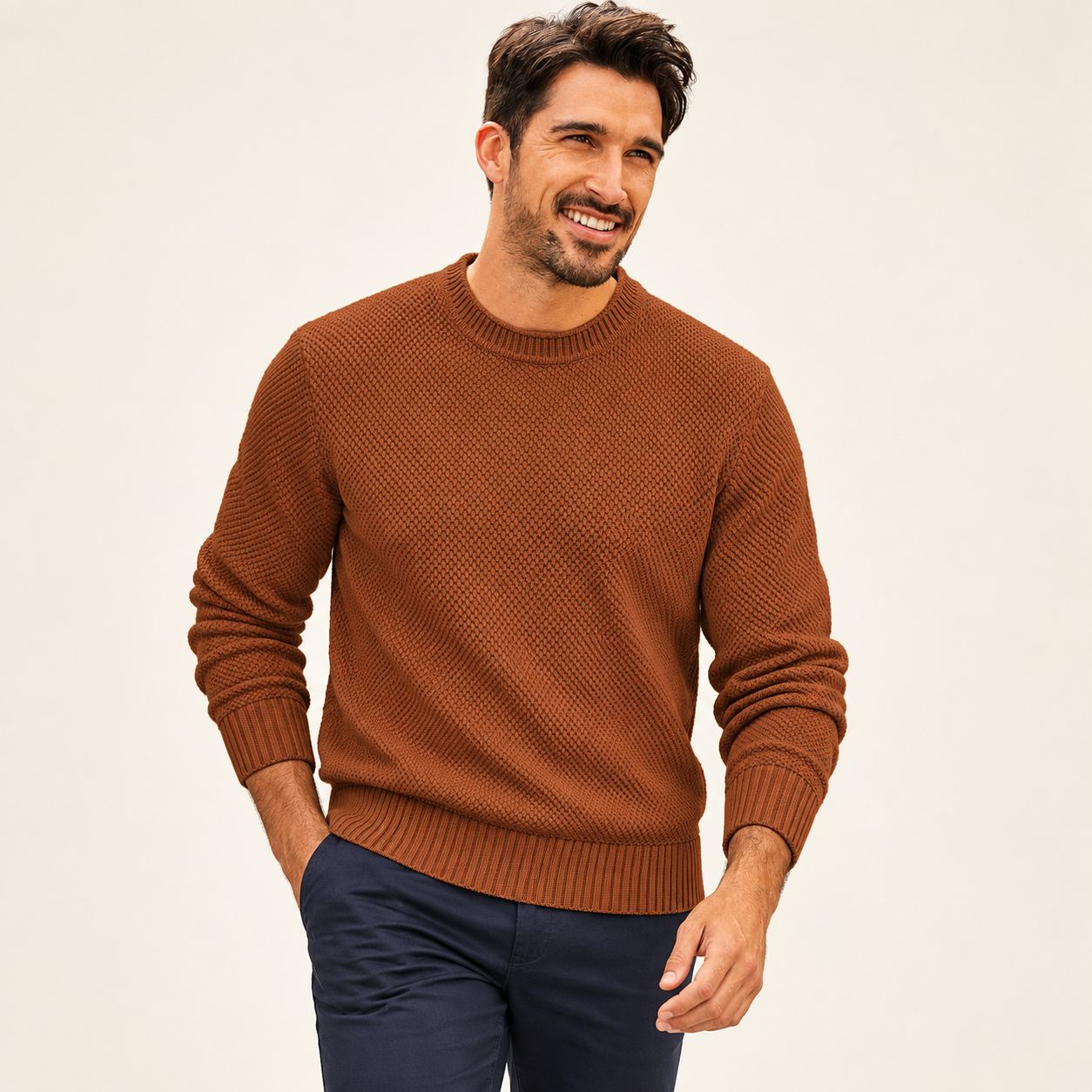 Adult male wearing the Caramel waffle-knit crewneck sweater
