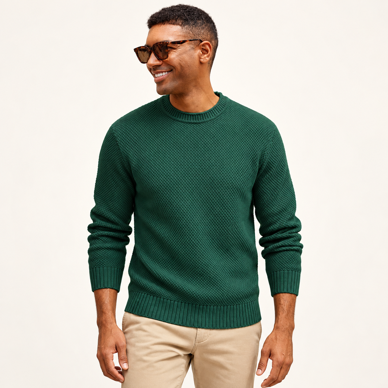 Adult male wearing the Dark Green waffle-knit crewneck sweater