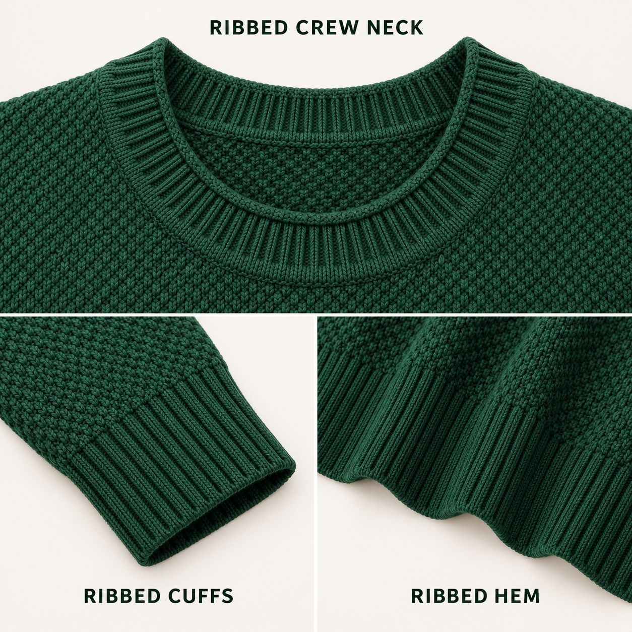 Ribbed crew neck, cuffs, and hem construction details