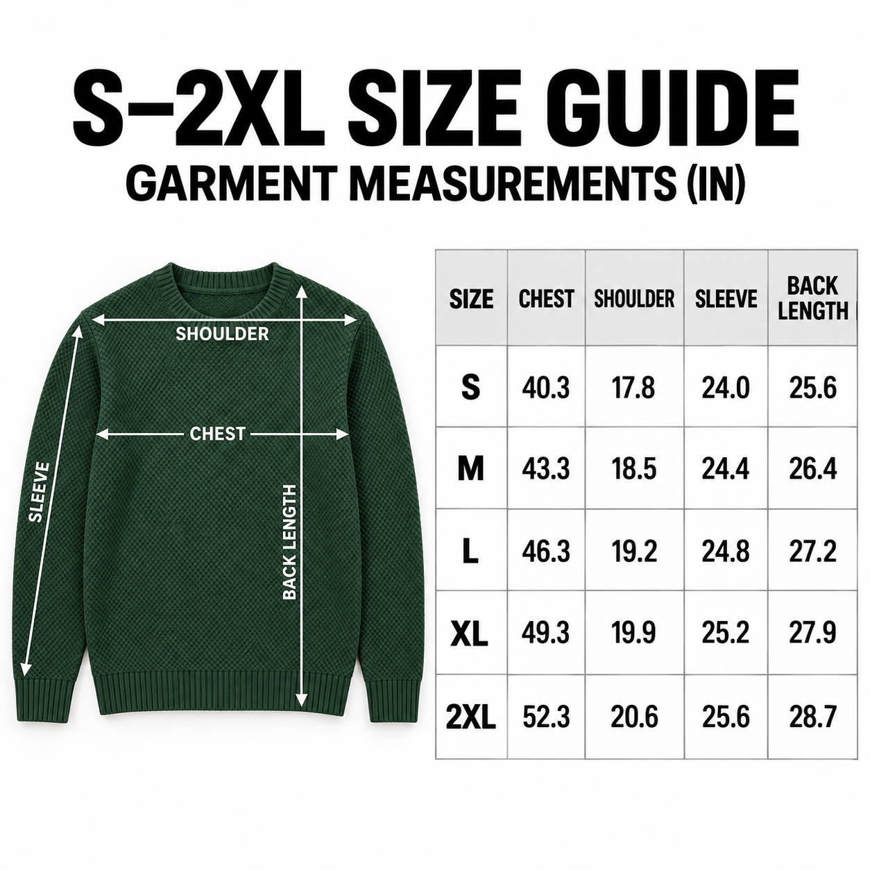 Men's waffle-knit crewneck sweater garment size guide in inches from S to 2XL