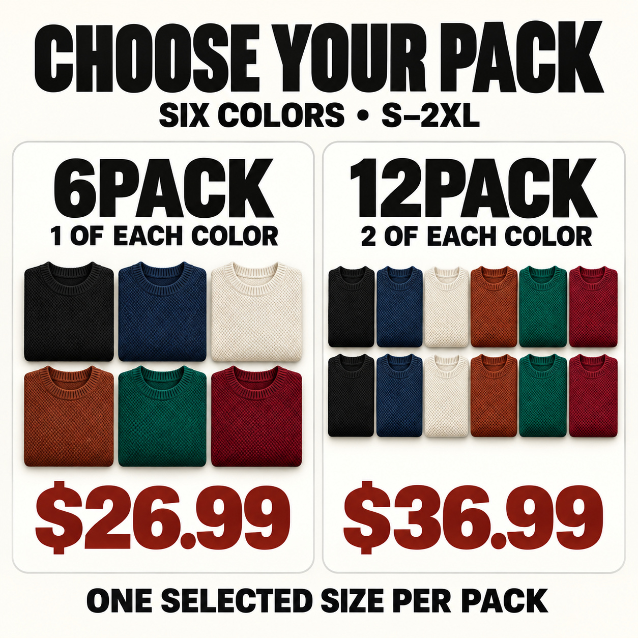 Comparison of the 6PACK for $26.99 and 12PACK for $36.99 using the same six colors