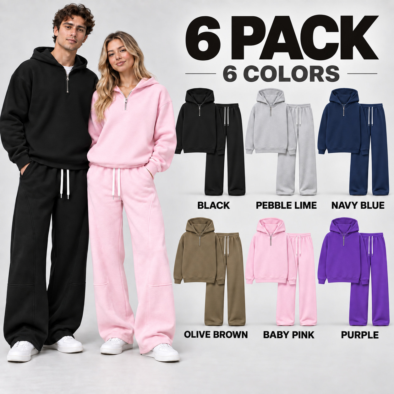 GZUSK unisex half-zip hoodie and straight-leg sweatpants complete set in Black and Baby Pink