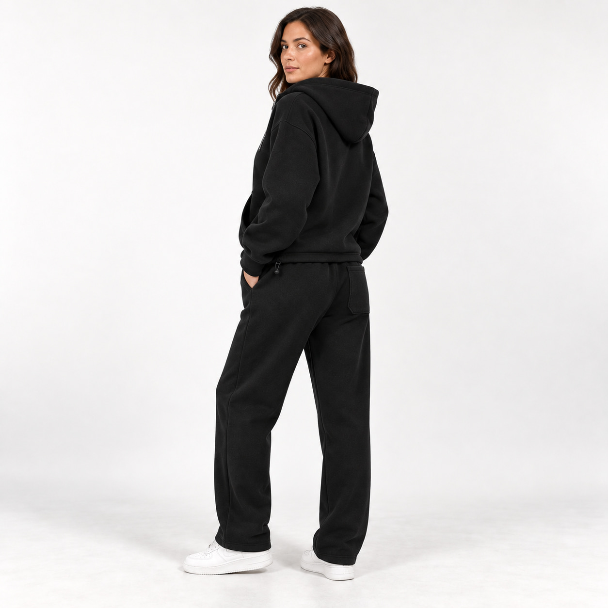 Black unisex matching set side and back fit showing hood and rear patch pocket
