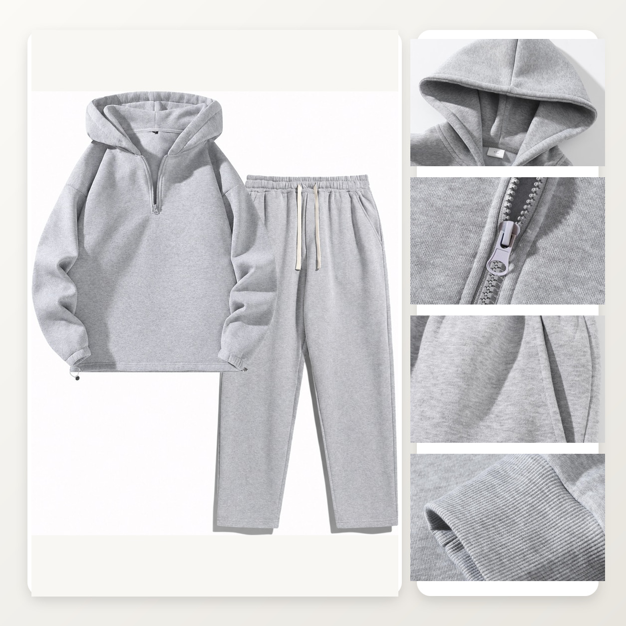 Half-zip hoodie and drawstring sweatpants construction details