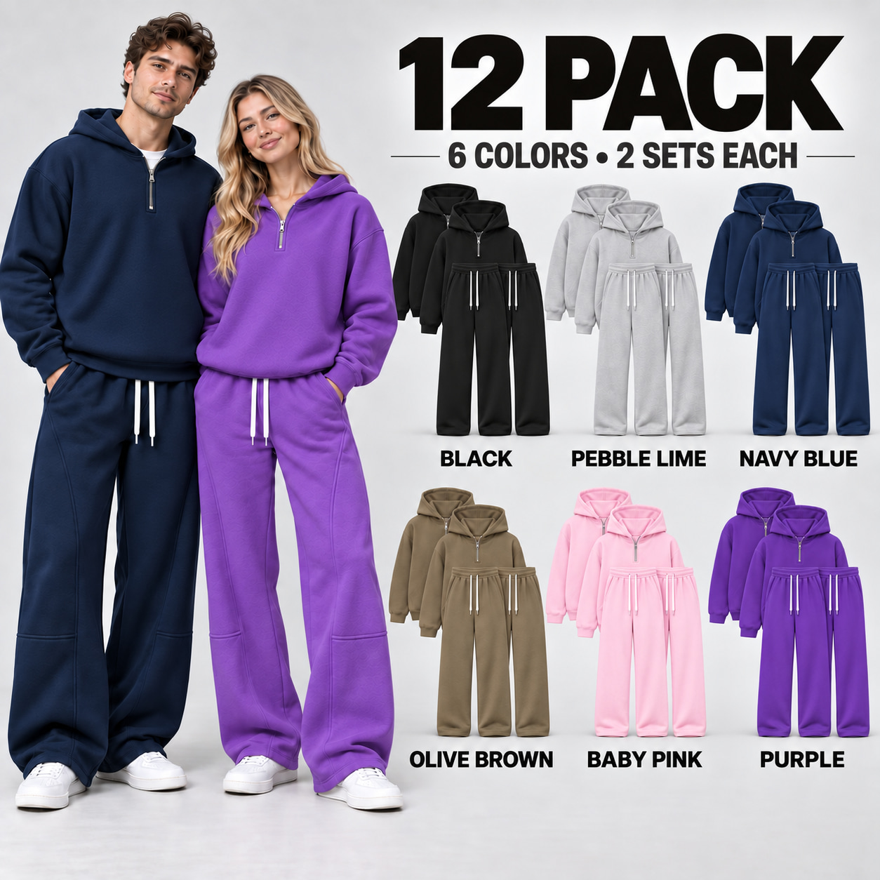 12PACK assorted six-color complete two-piece sweatsuit sets for women and men at $36.99