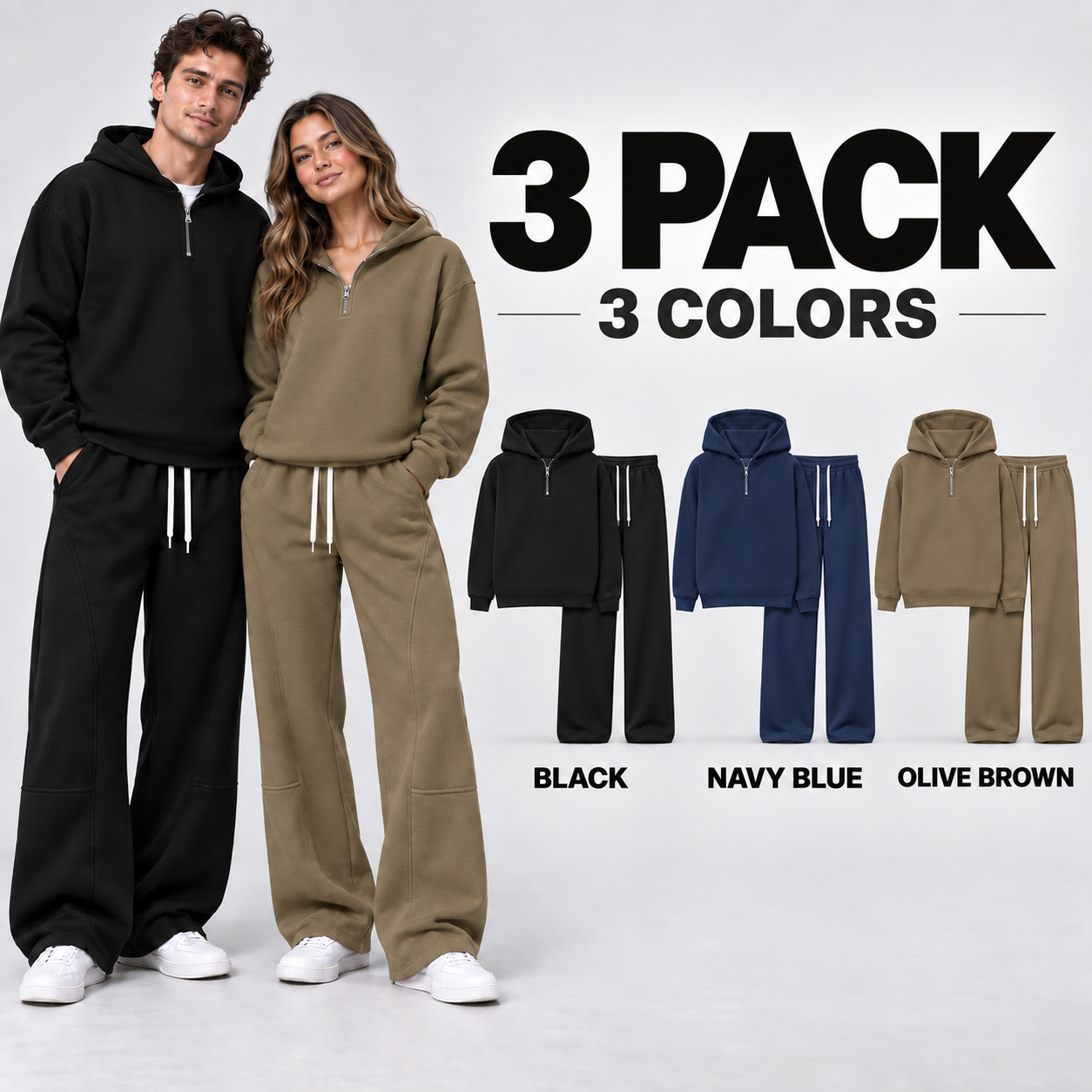 Everyday 3PACK complete two-piece sets in Black Navy Blue and Olive Brown at $20.66