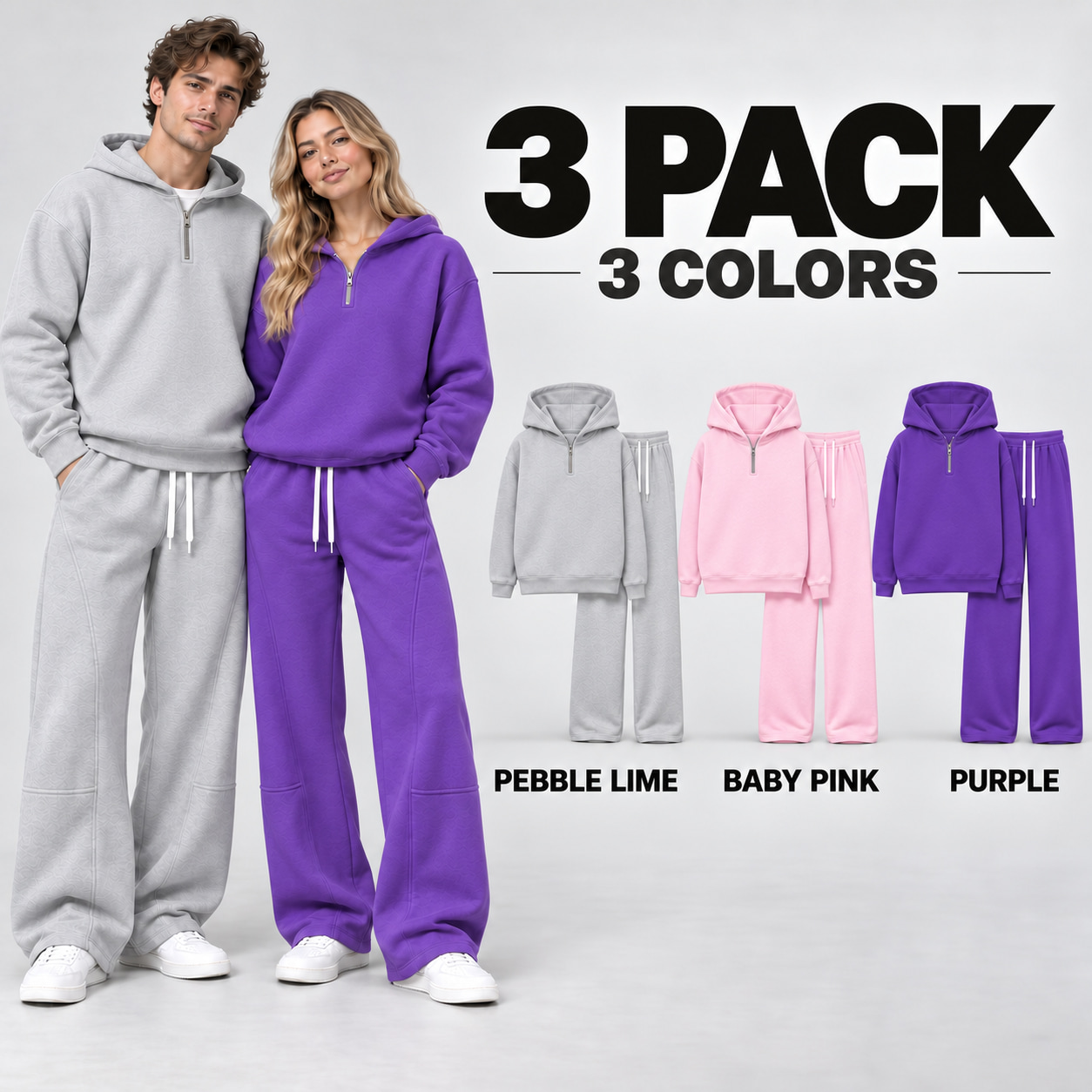 Color 3PACK complete two-piece sets in Pebble Lime Baby Pink and Purple at $20.66