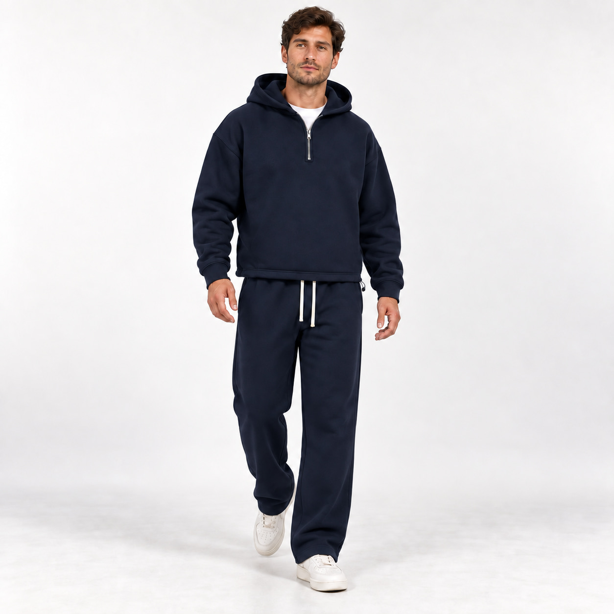 Navy Blue unisex half-zip hoodie and straight-leg sweatpants complete two-piece set
