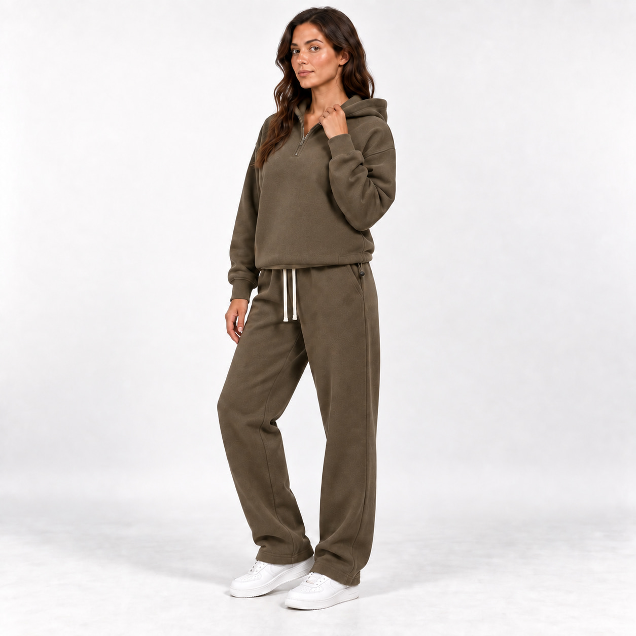 Olive Brown unisex half-zip hoodie and straight-leg sweatpants complete two-piece set