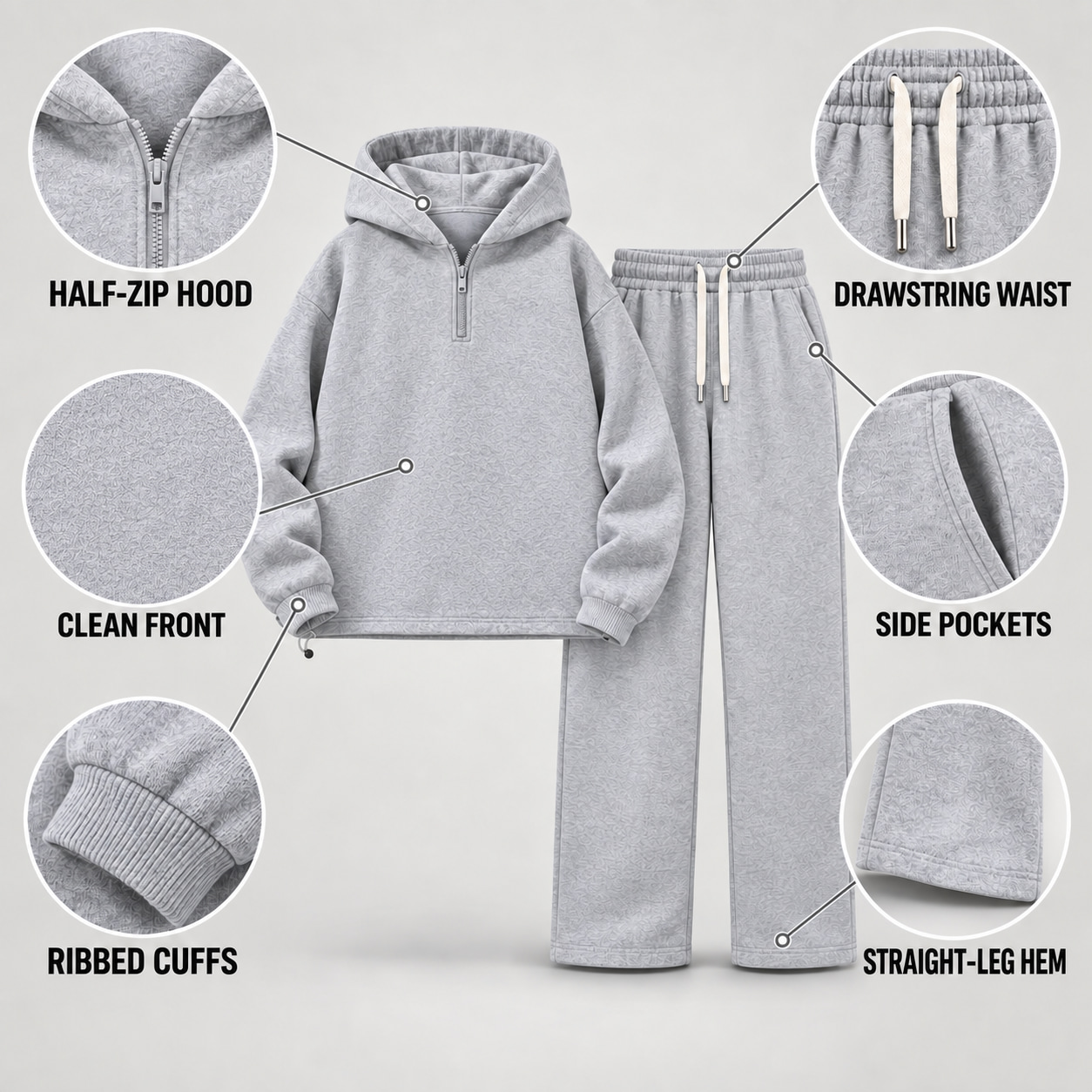 Half-zip hood clean pocket-free front drawstring waistband side pocket and straight-leg detail guide