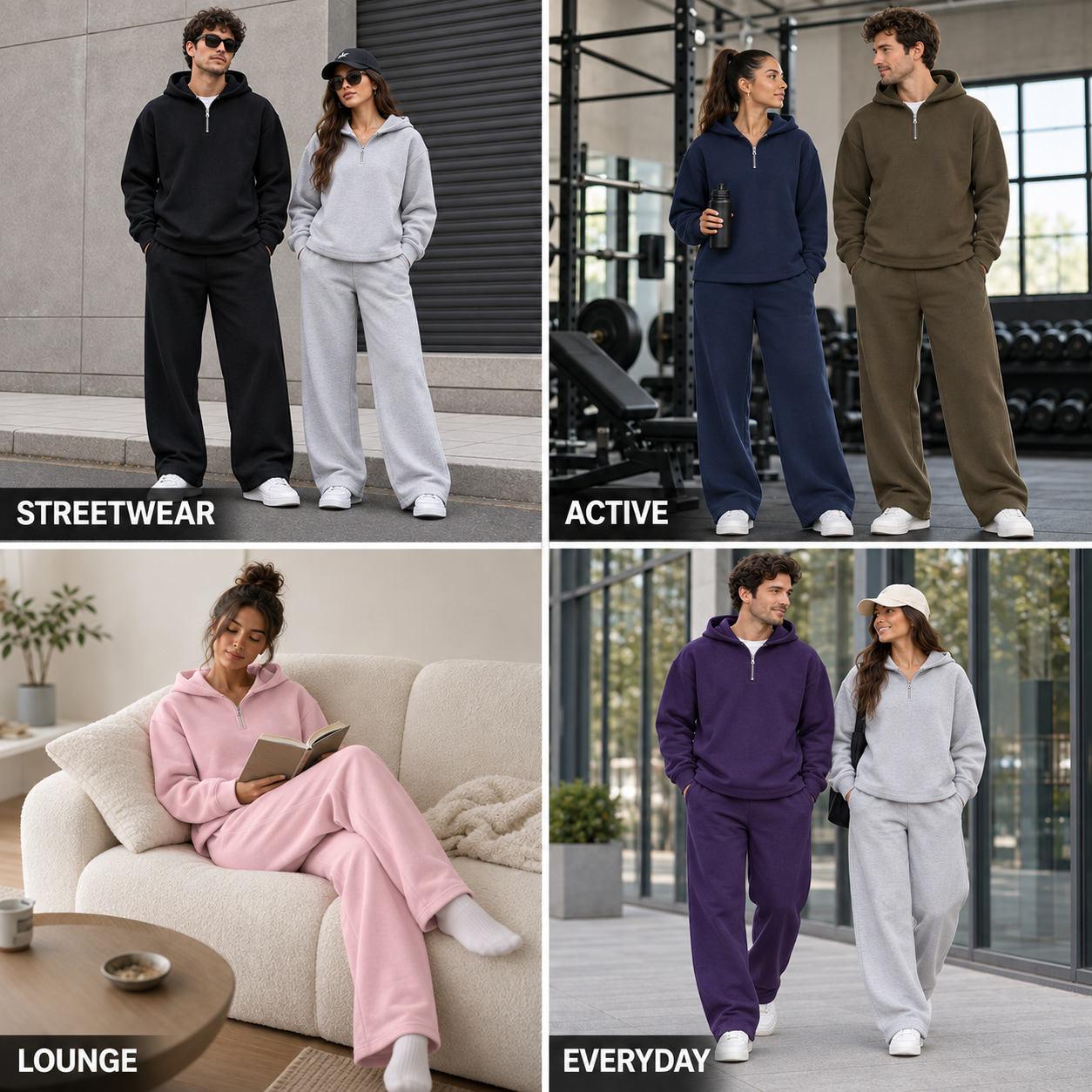 Four lifestyle scenes showing women and men wearing the clean-front unisex two-piece set