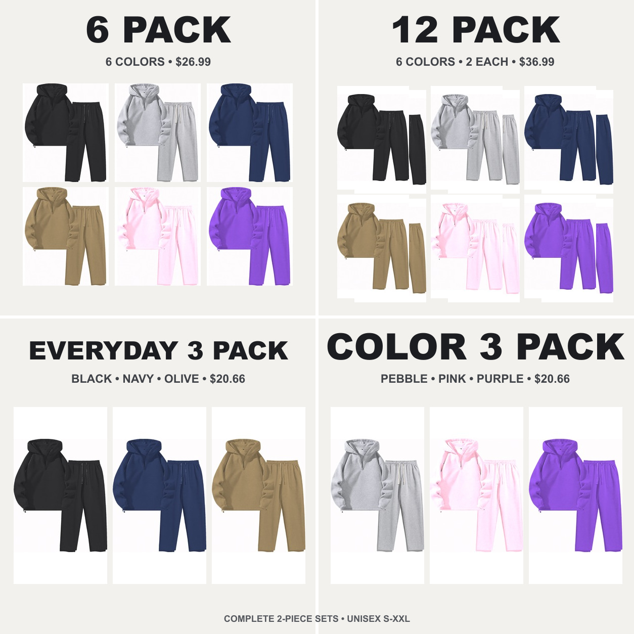 3PACK 6PACK and 12PACK purchase option comparison for complete two-piece sets
