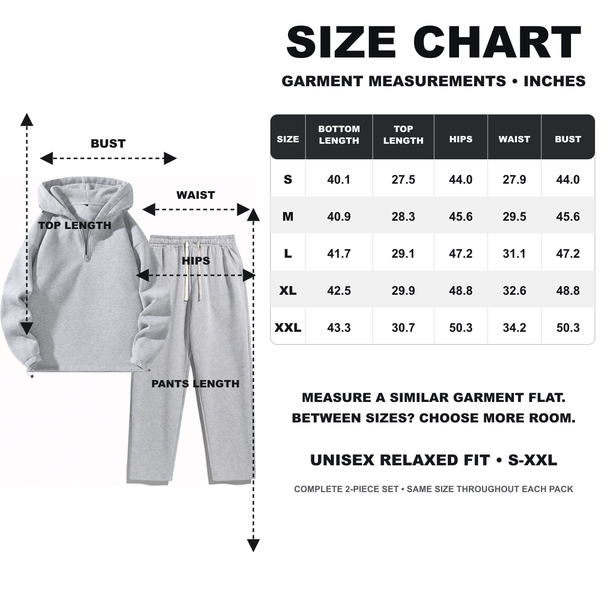 Unisex S through XXL garment measurement size guide with the original two-piece set
