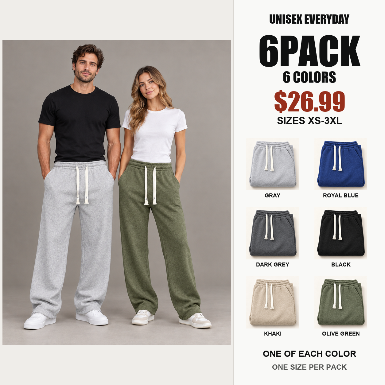 Full-body man and woman wearing Gray and Olive Green unisex pants beside the six-color 6PACK offer