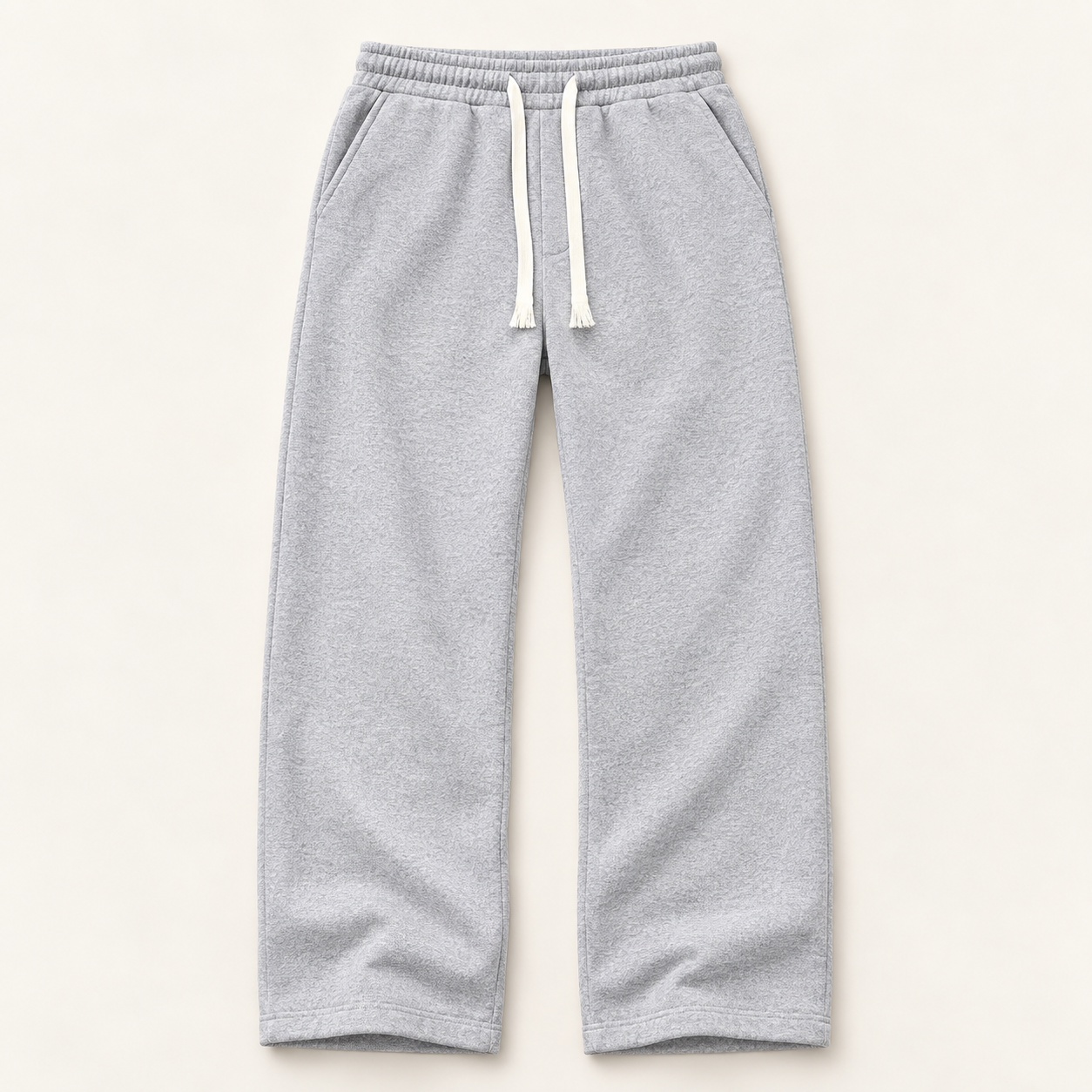 Front flat lay of gray elastic-waist drawstring pants with diagonal pockets and open hems