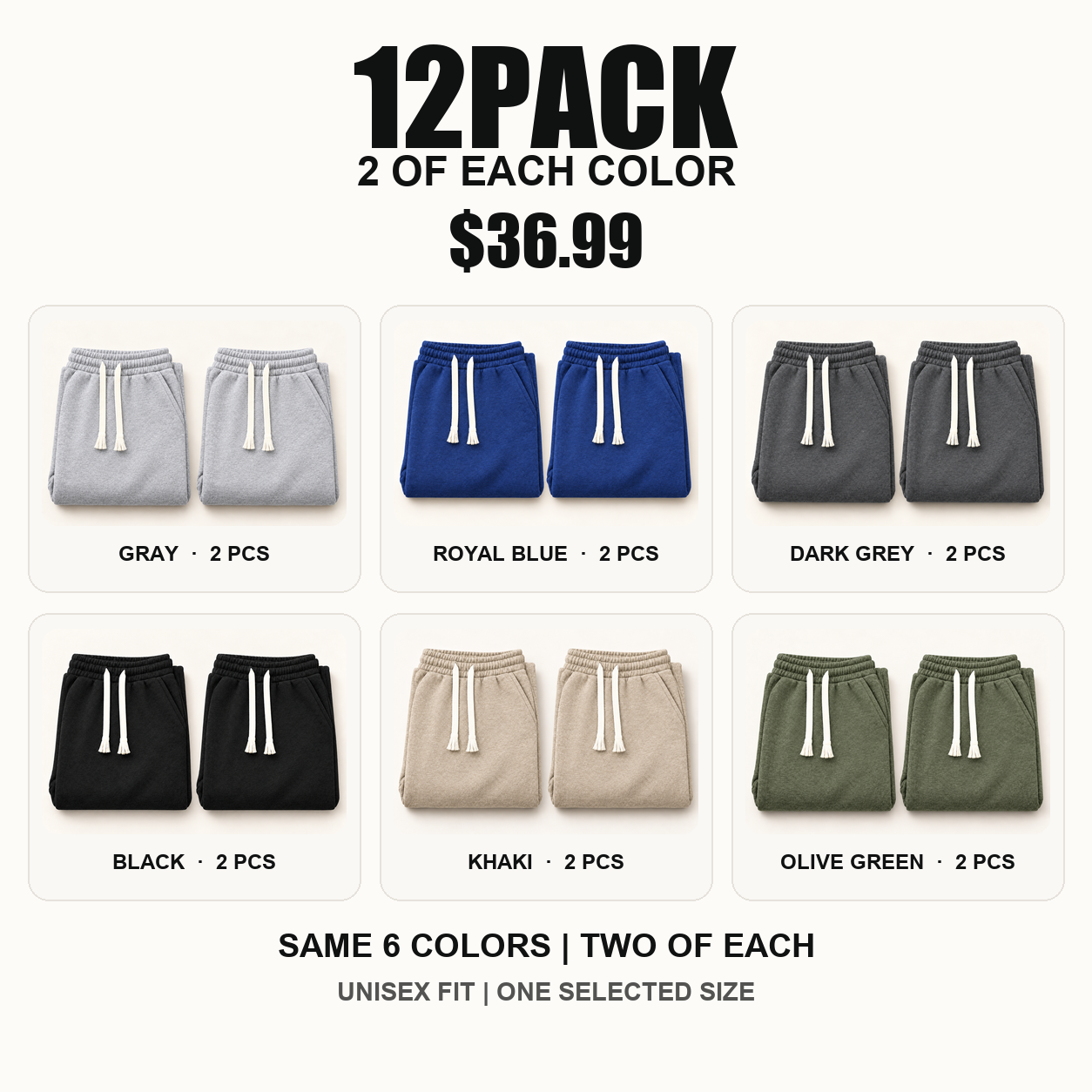 Six natural two-piece product groups show two pants in each color for the 12PACK