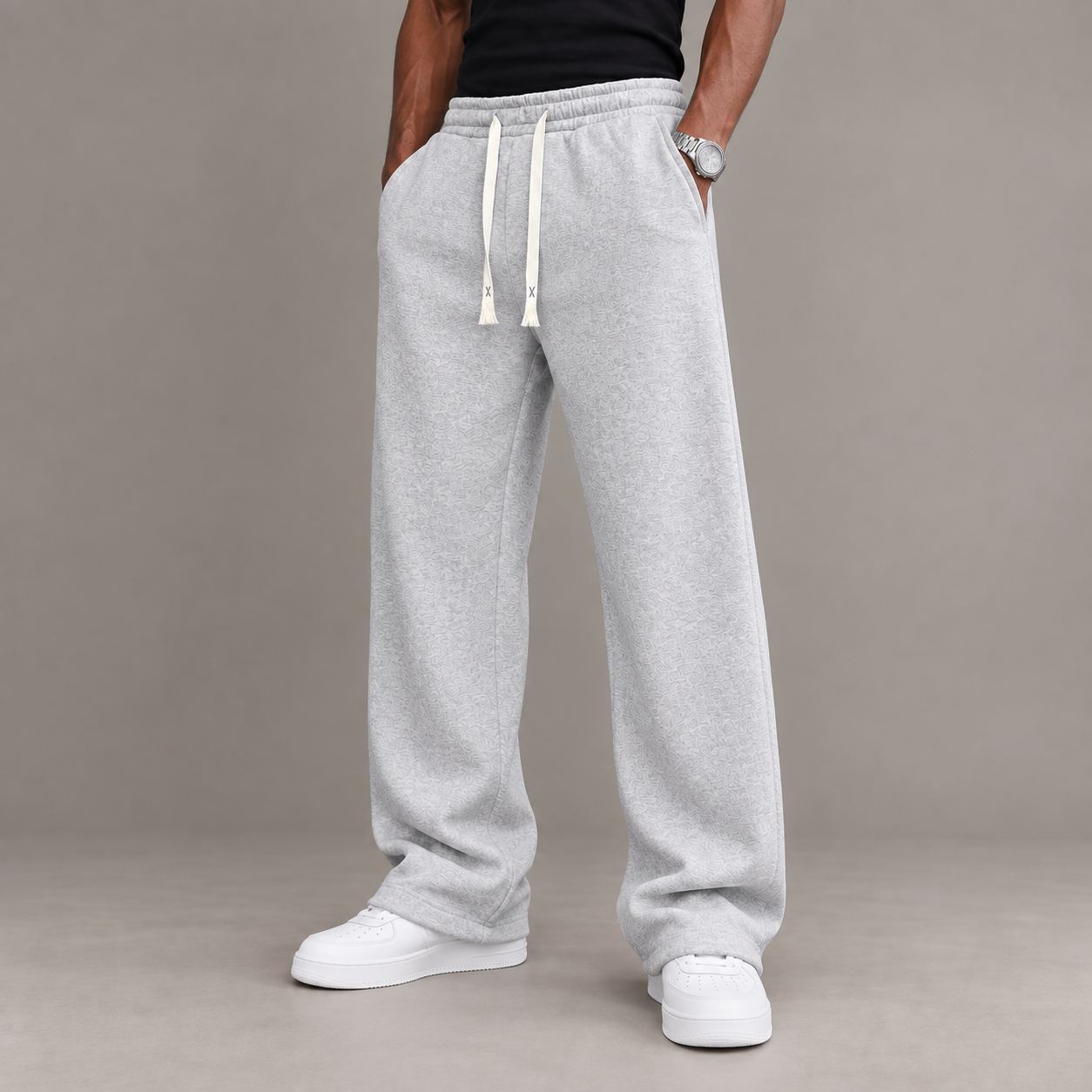 Adult male model wearing the Gray unisex relaxed straight-leg casual pants