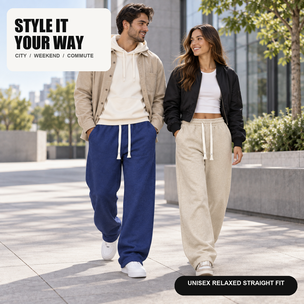 Full-body man and woman style Royal Blue and Khaki unisex casual pants in a modern city setting