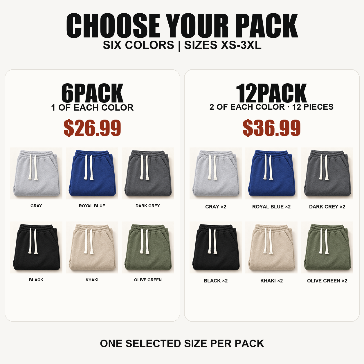 6PACK and 12PACK comparison with six large color tiles marked x2 for the 12PACK