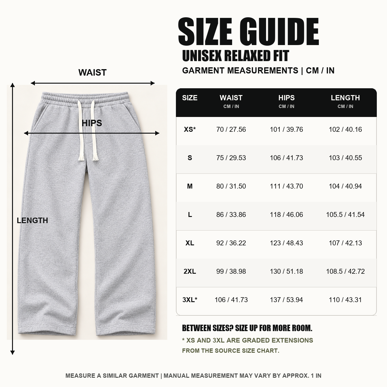 Enlarged pants diagram and XS to 3XL garment size chart with waist, hips, and length measurements