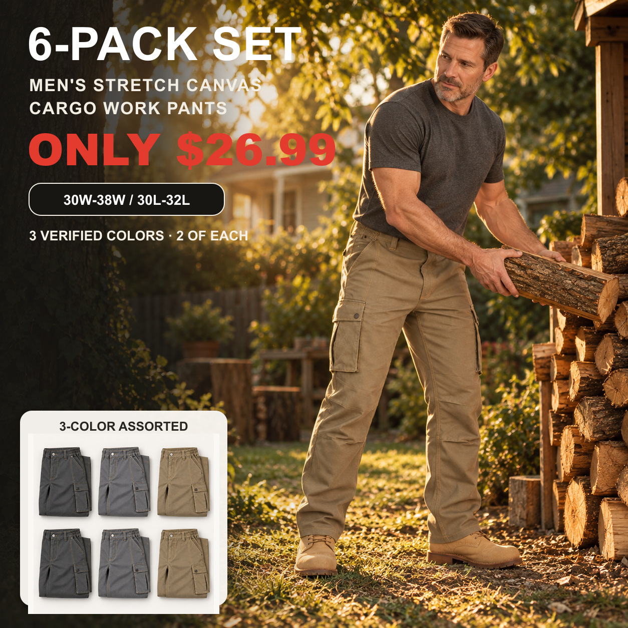 GZUSK men's Tarmac Grey stretch canvas cargo work pants with 6PACK offer and assorted color set