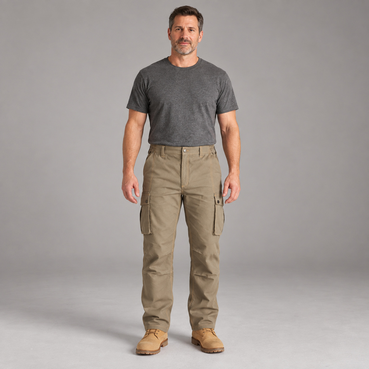 Front view of an adult male wearing Tarmac Grey straight-leg cargo work pants
