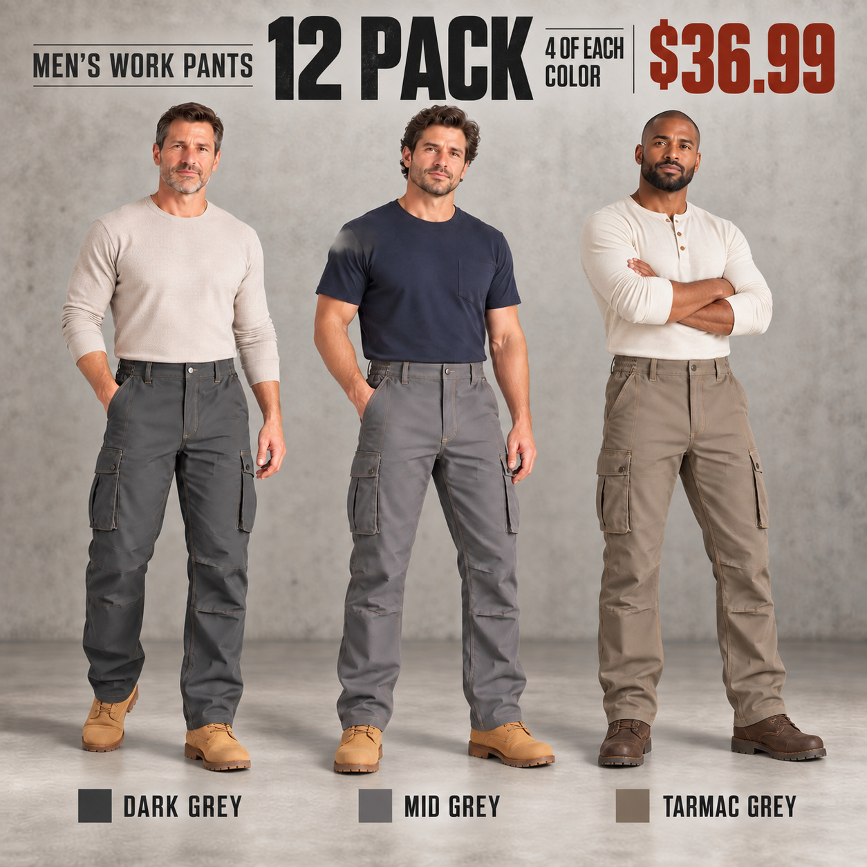 12PACK set shown on three models wearing Dark Grey, Mid Grey, and Tarmac Grey work pants, with four of each color