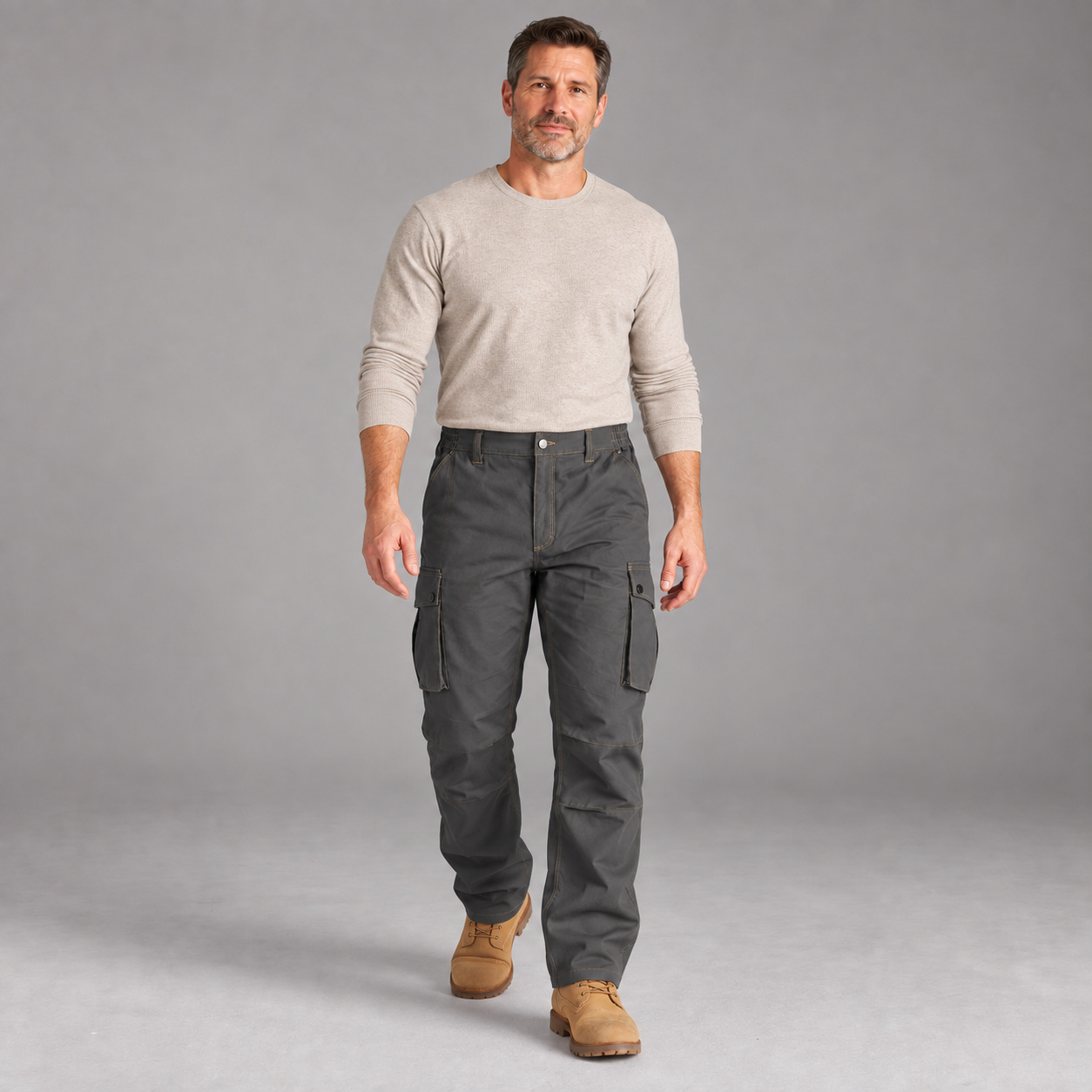 Adult male wearing Dark Grey stretch canvas cargo work pants
