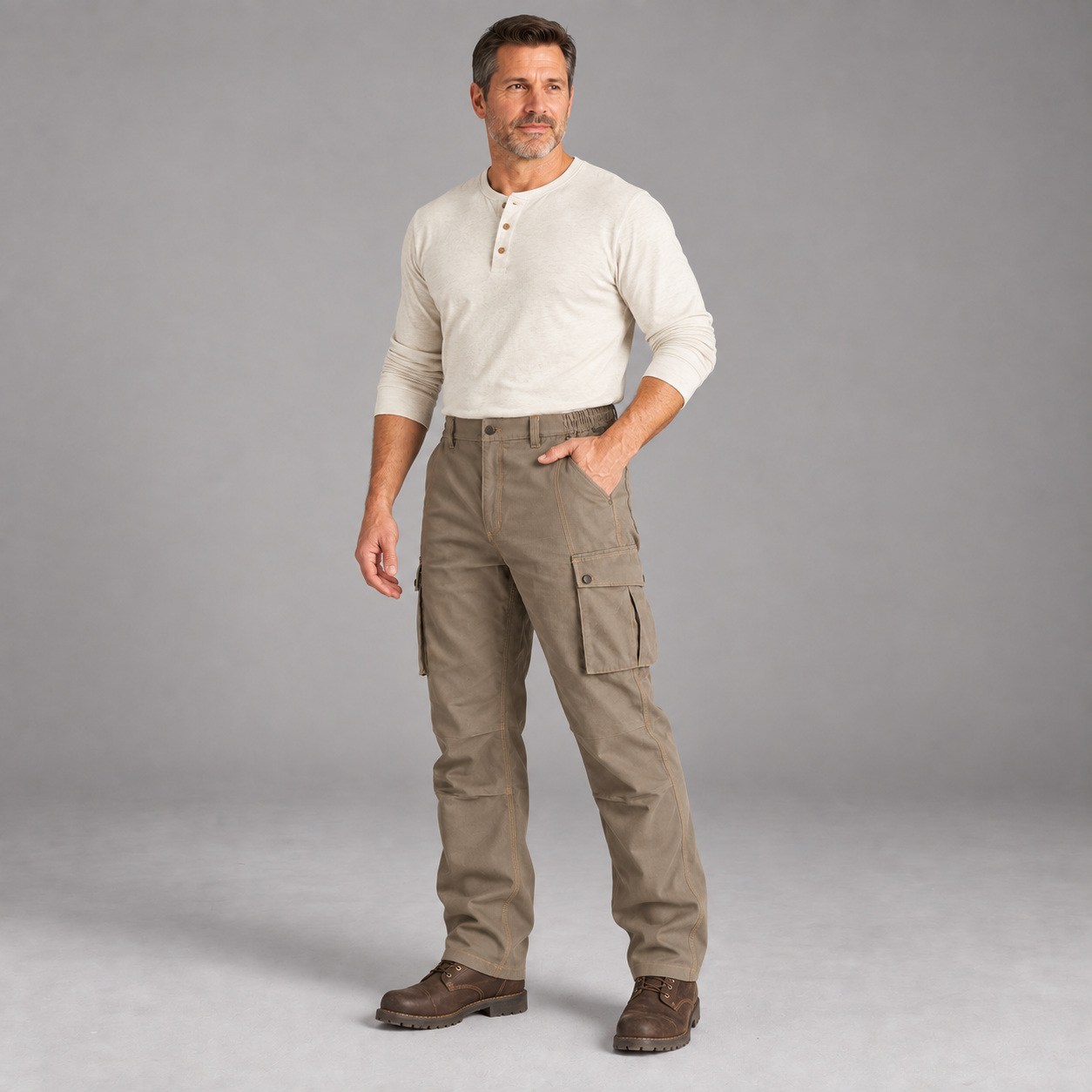 Adult male wearing Tarmac Grey stretch canvas cargo work pants