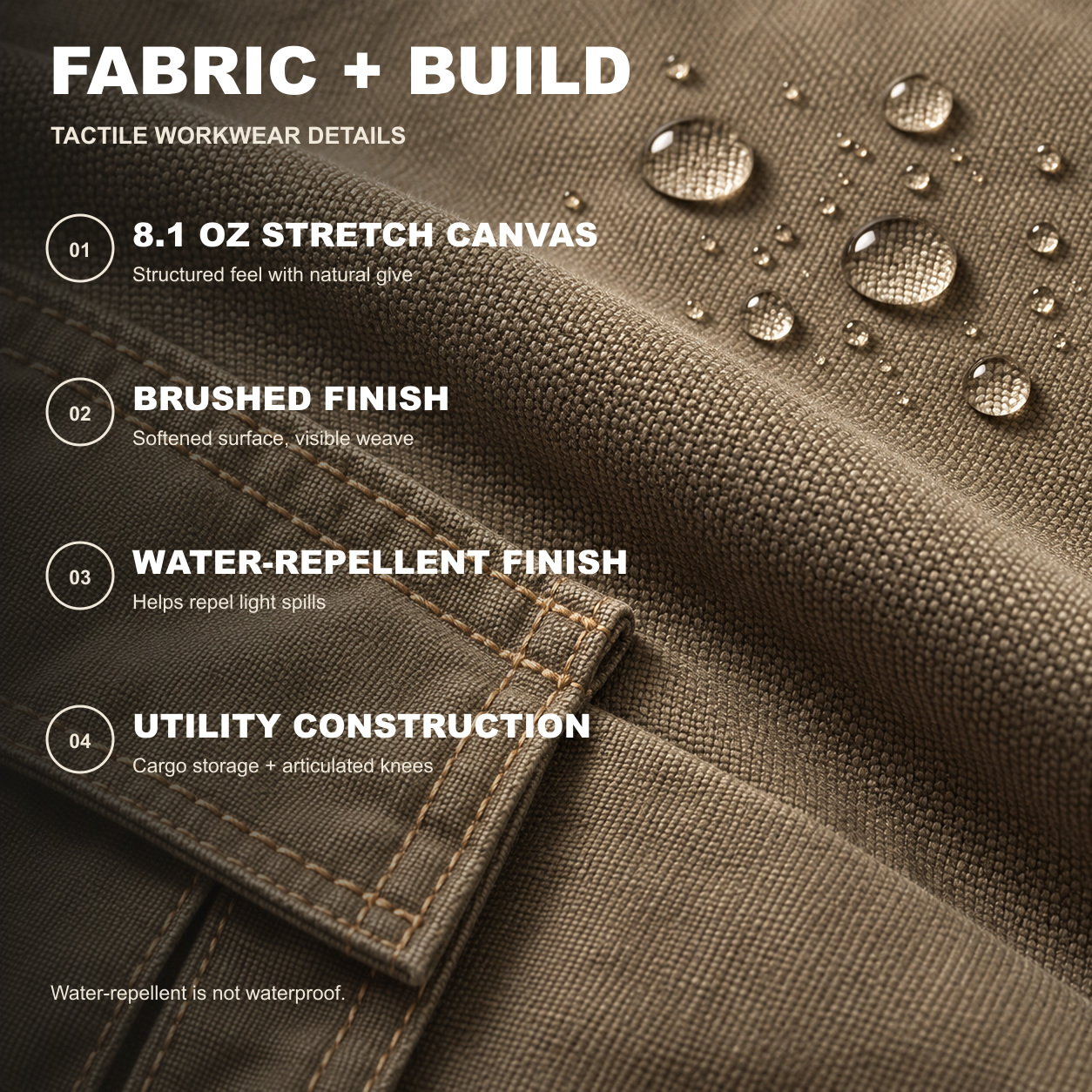 Close-up of stretch canvas, brushed finish, water-repellent surface, and utility construction