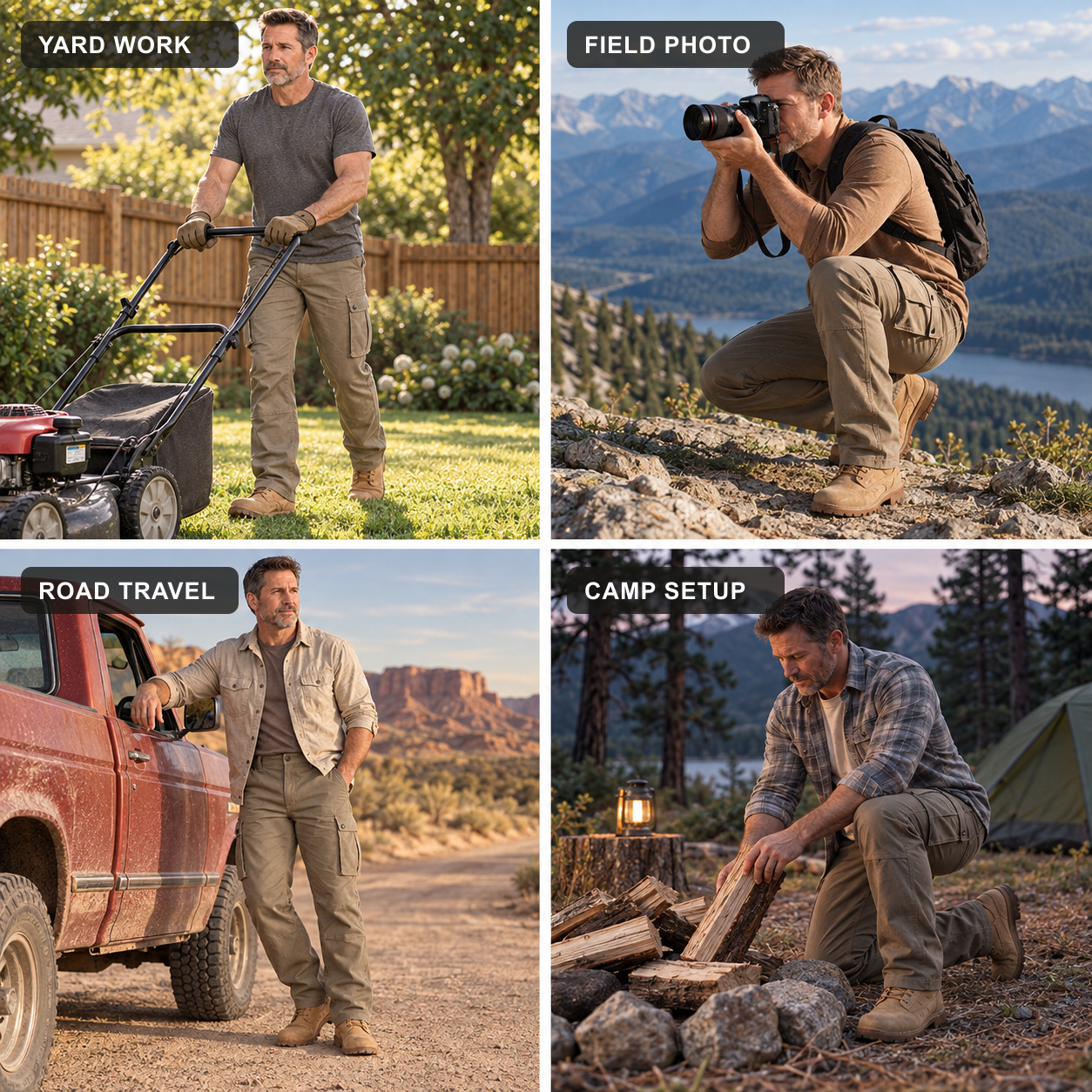 Four work and outdoor use scenes featuring men's cargo work pants