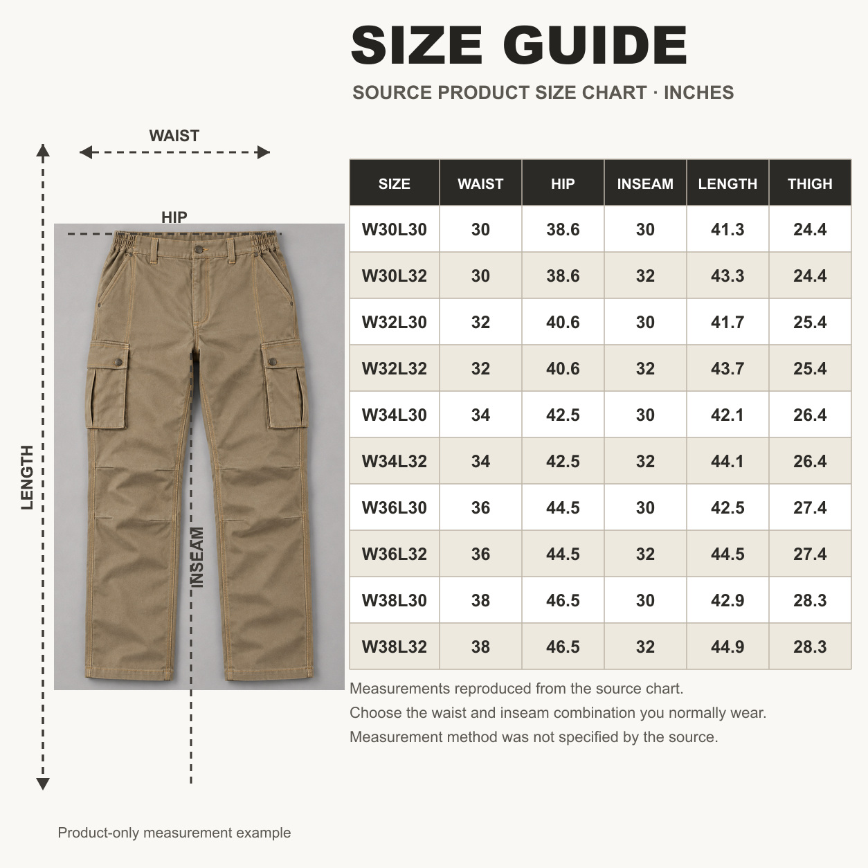 GZUSK men's cargo work pants size guide in inches