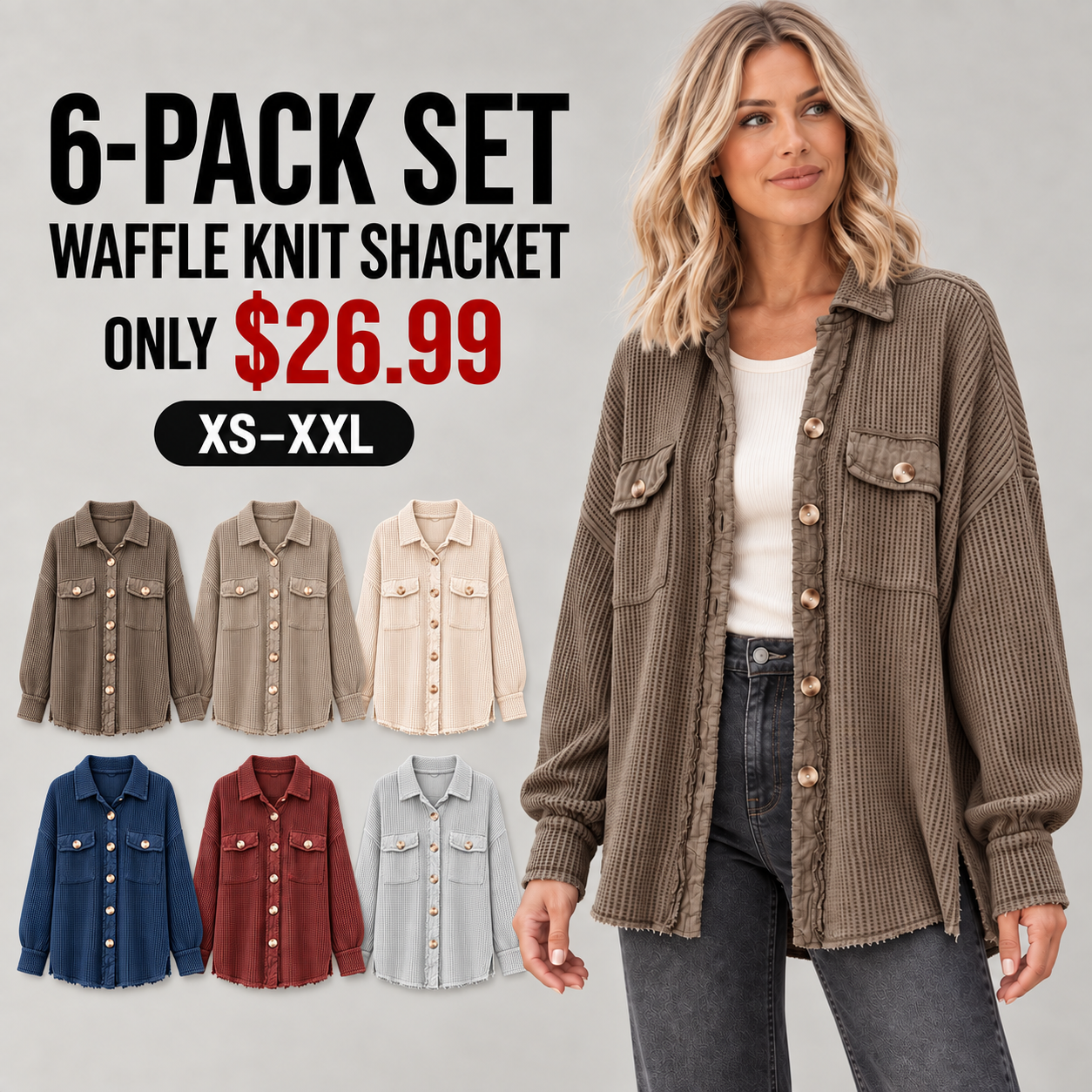 Adult woman wearing a Brown waffle-knit shacket with an overview of the available 6PACK colors