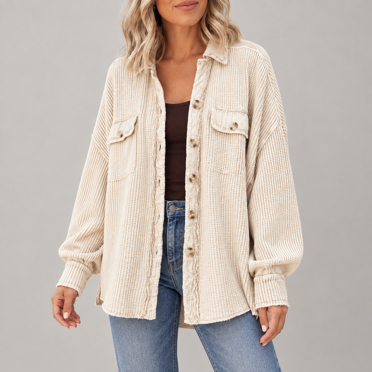 Front fit view of the women's Apricot waffle-knit button shacket