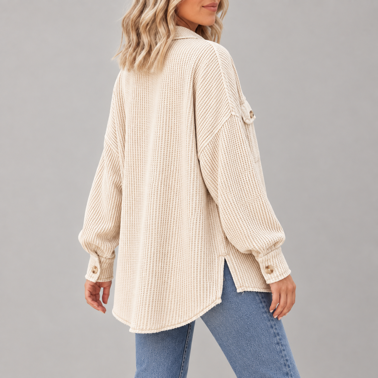 Side and back fit view of the women's Apricot waffle-knit button shacket