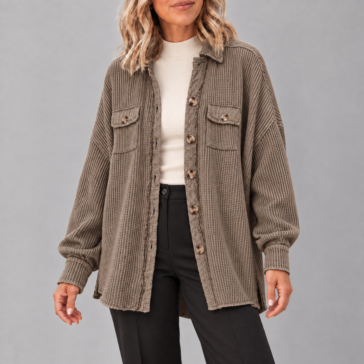 Adult woman wearing the Brown waffle-knit button shacket