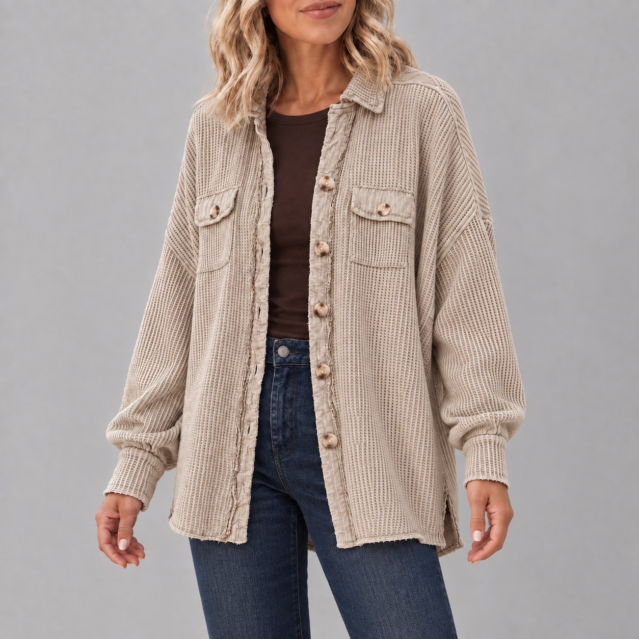 Adult woman wearing the Khaki waffle-knit button shacket
