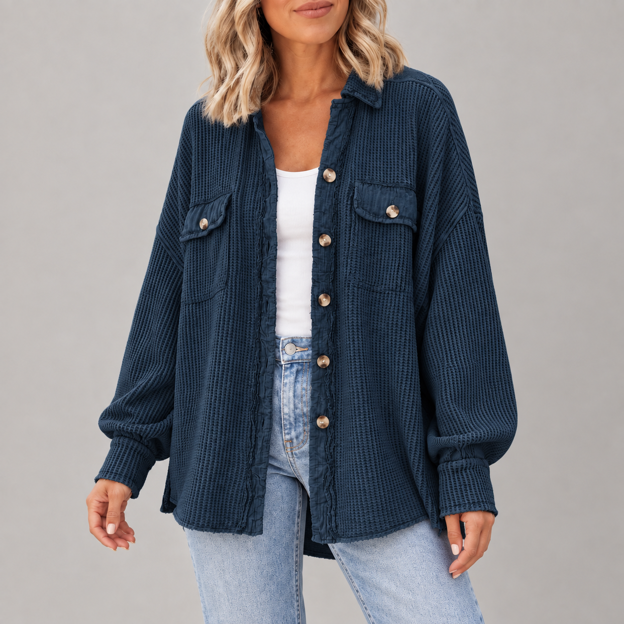Adult woman wearing the Blue waffle-knit button shacket